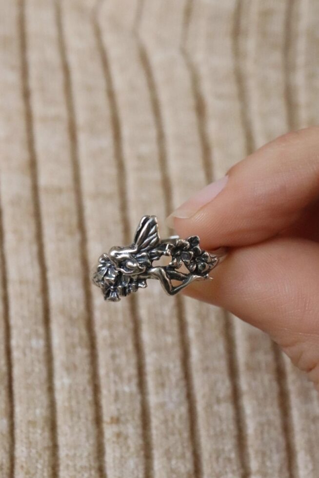 טבעת פיה ופרחים מכסף 925 (2)