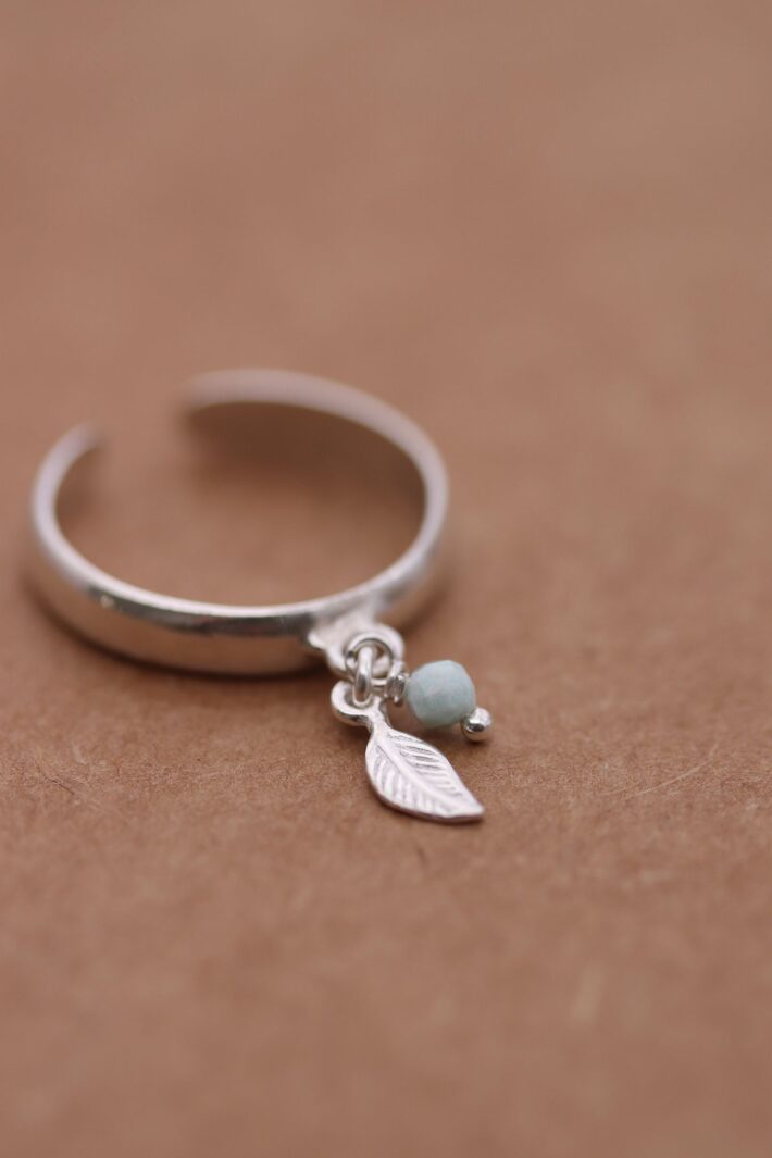 טבעת פס חלקה ודקה פתוחה מאחורה עם עלה קטן ואבן חן לרימר בצבע תכלת.jpg