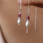 עגיל שרוך טורמלין ורוד ופנינה מכסף 925