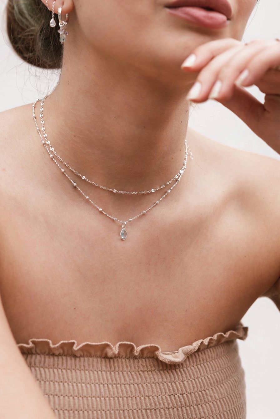 סט שרשראות מדורגות עם אבן חן אקווה מרין תכלת מכסף אמיתי 925