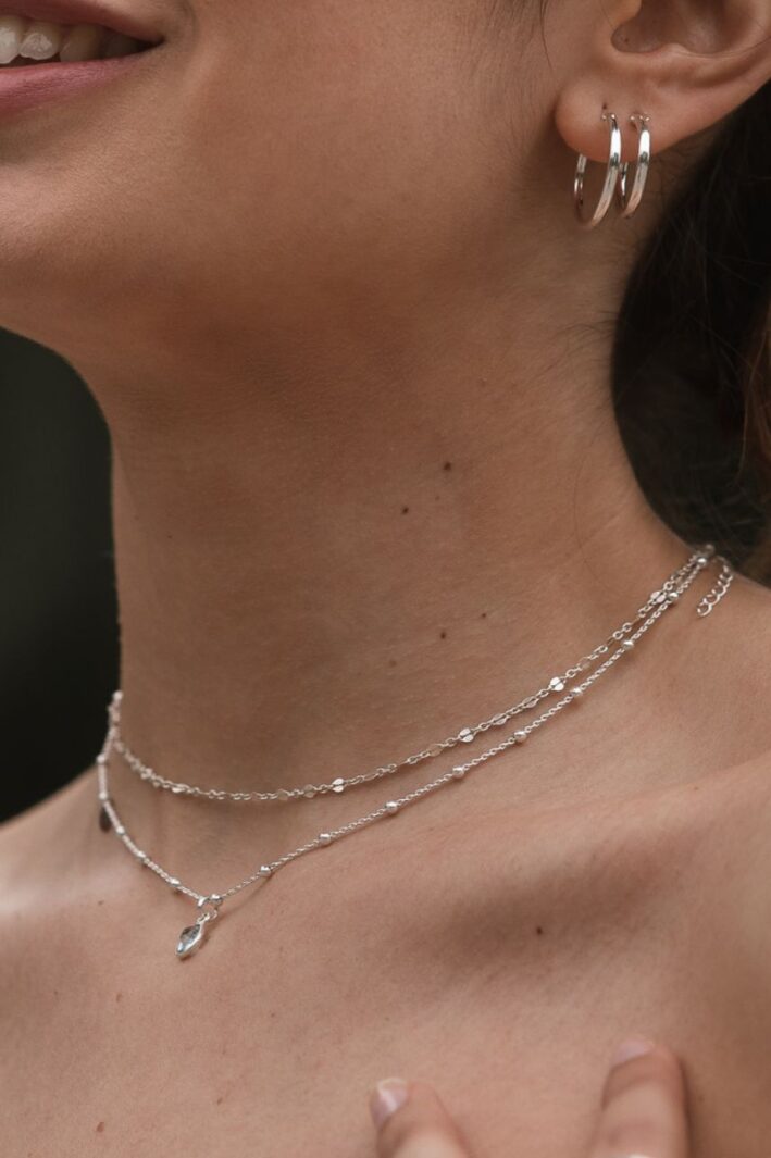 סט שרשראות מדורגות עם אבן חן אקווה מרין תכלת מכסף אמיתי 925