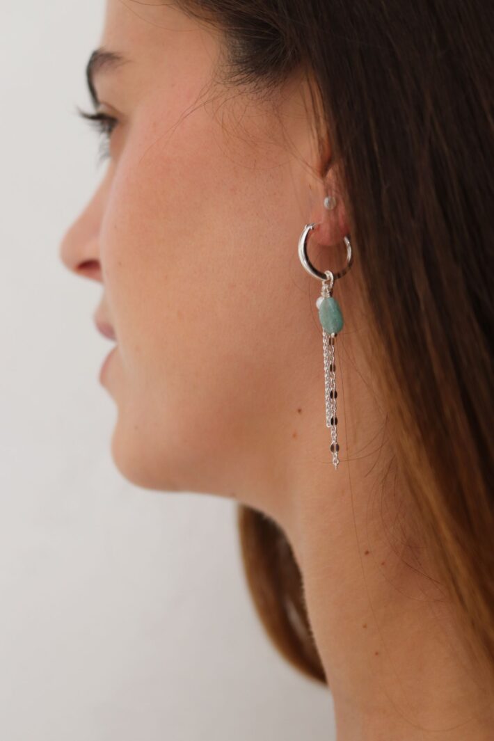 עגילי חישוק עם אבן חן אמזונייט ופנינה מכסף 925