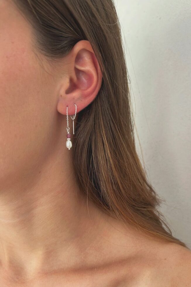 עגיל שרוך טורמלין ורוד ופנינה מכסף 925 (2) 01