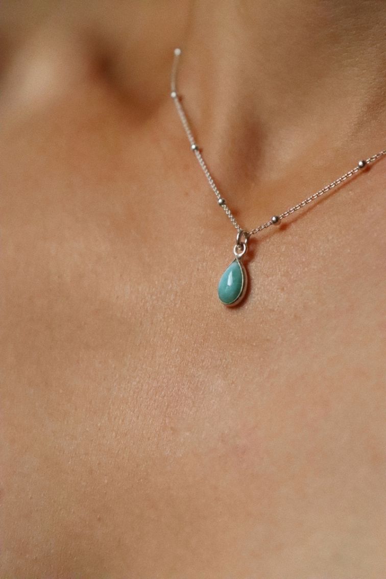 שרשרת כדוריות עדינה עם תליון אבן חן לרימר תכלת מכסף 925 (3)