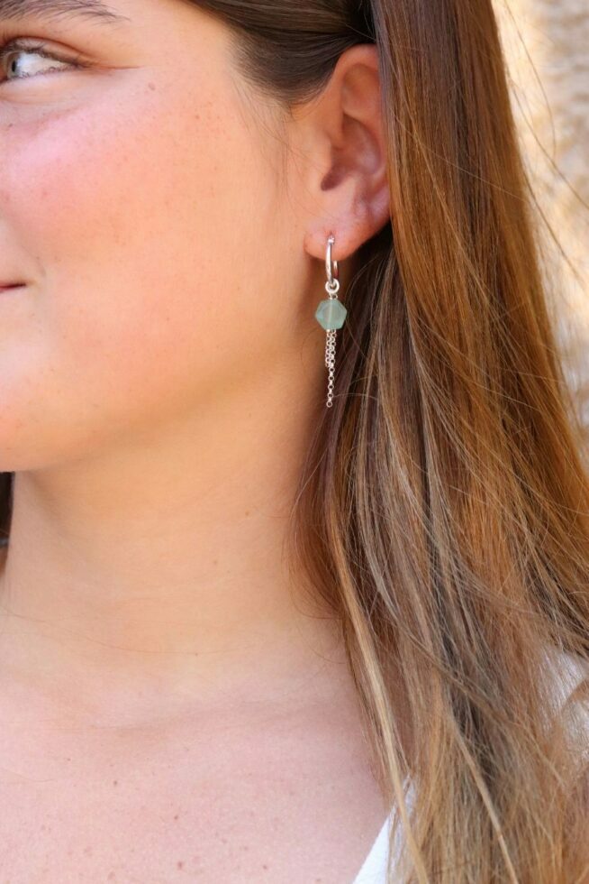 עגילי חישוק קטנים מכסף בשילוב אבני אוונטורין ירוקות מכסף 925 (2)