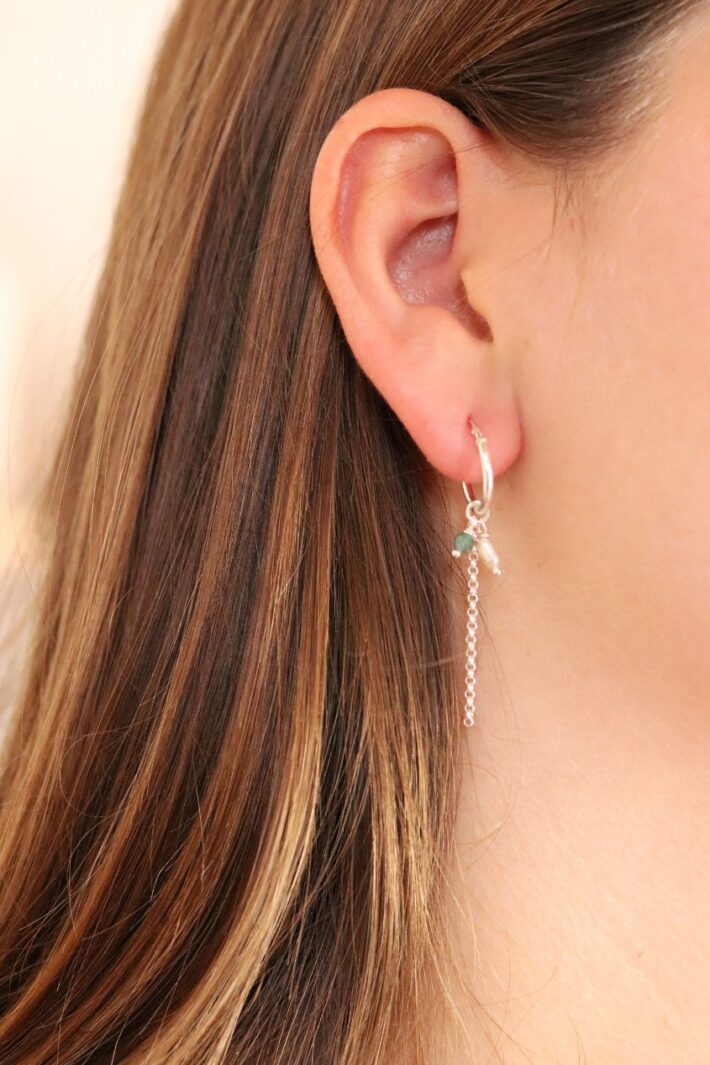 עגילי חישוק קטנים מכסף בשילוב אבני חן אמרלד ירוקות ופנינים אמייות מכסף 925