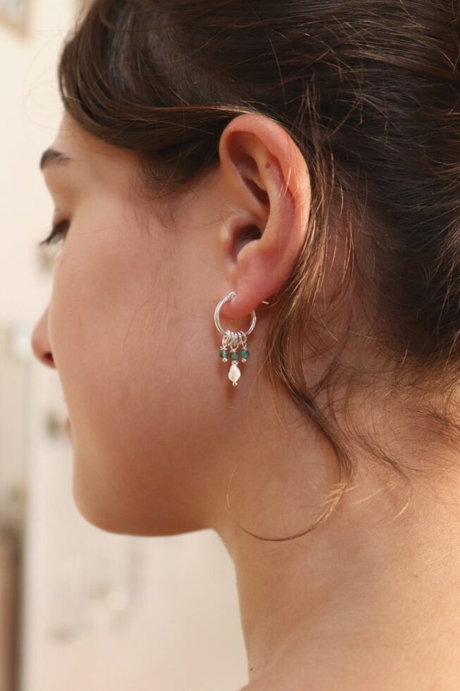 עגילי חישוק קטנים מכסף בשילוב אבני אמרלד ירוקות ופנינים לבנות מכסף 925 (2)